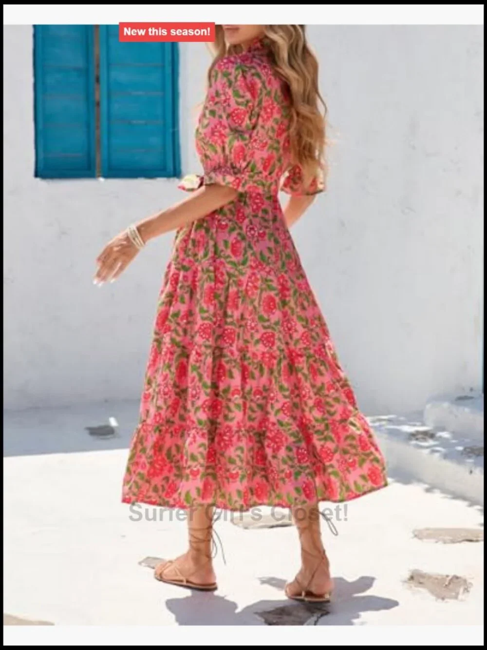Floral Printed Stand Ruffle Collar Midi Dress Half Sleeve Button Down Flowy
